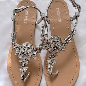 Nine West Shine4Me Silver Jeweled Sandals